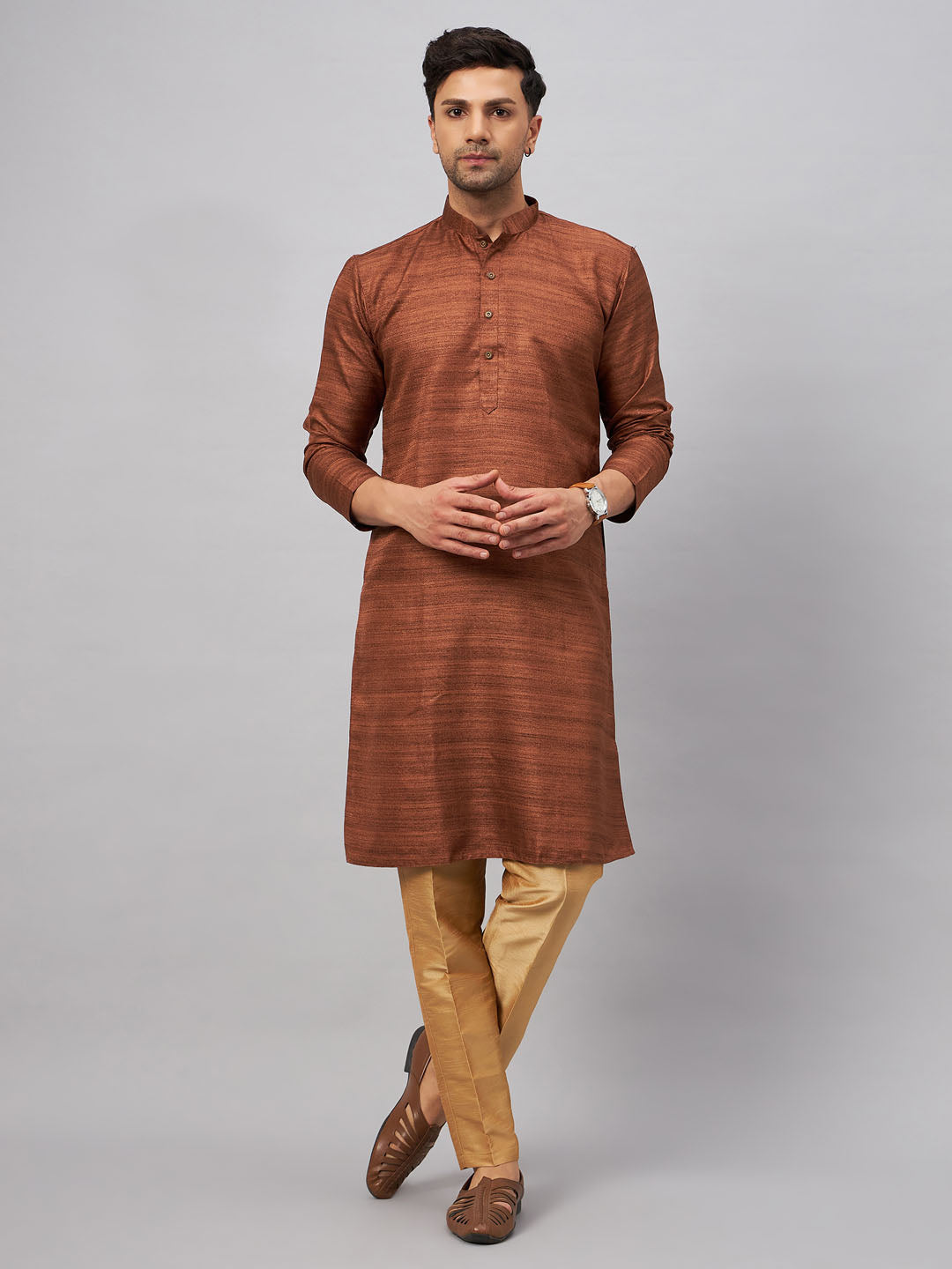 Men's Coffee Silk Blend Straight Kurta Pyjama Set