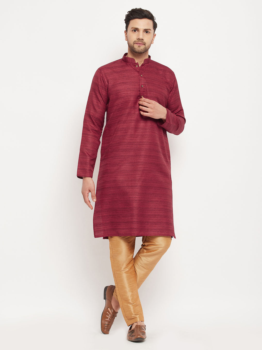 Men's Maroon Silk Blend Straight Kurta Pyjama Set