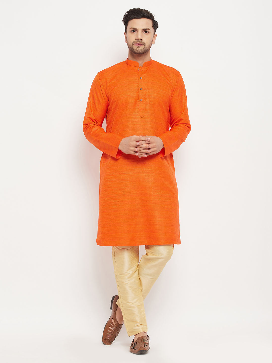 Men's Orange Silk Blend Straight Kurta Pyjama Set