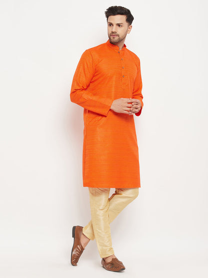 Men's Orange Silk Blend Straight Kurta Pyjama Set