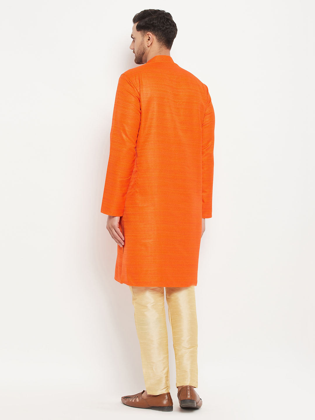 Men's Orange Silk Blend Straight Kurta Pyjama Set