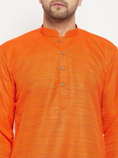 Men's Orange Silk Blend Straight Kurta Pyjama Set