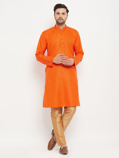Men's Orange Silk Blend Straight Kurta Pyjama Set
