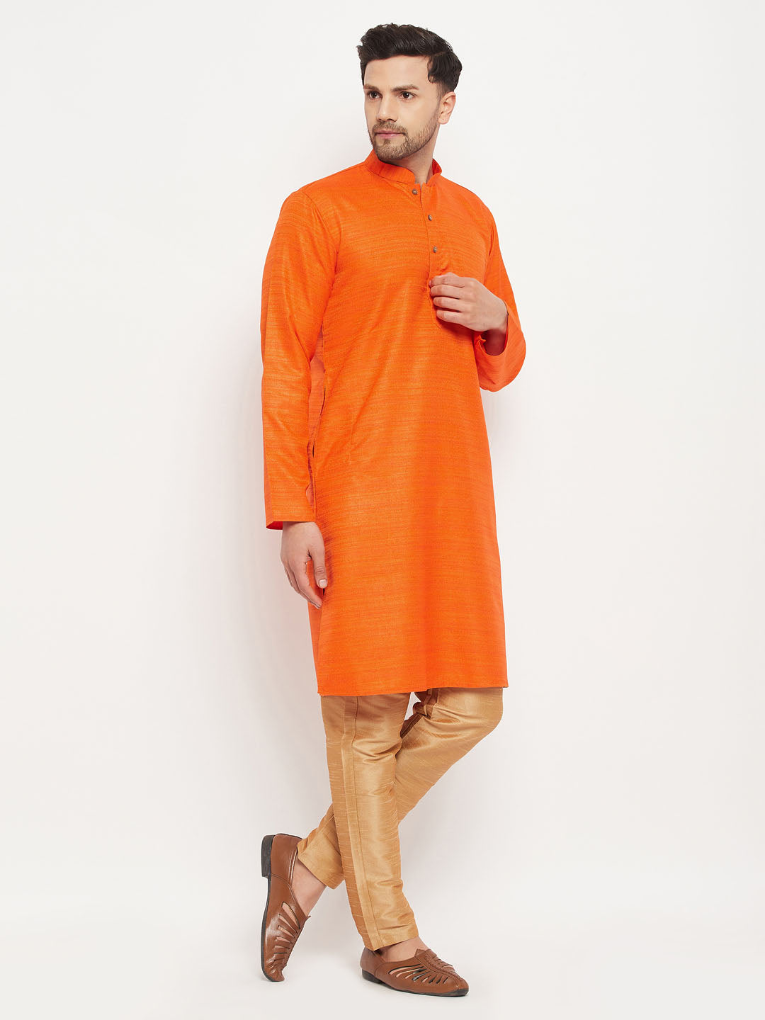 Men's Orange Silk Blend Straight Kurta Pyjama Set