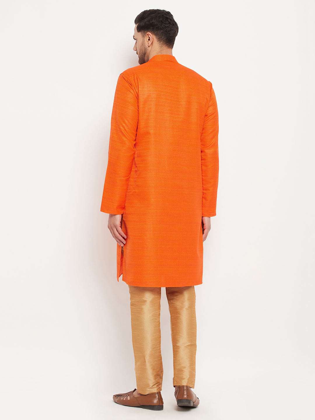 Men's Orange Silk Blend Straight Kurta Pyjama Set