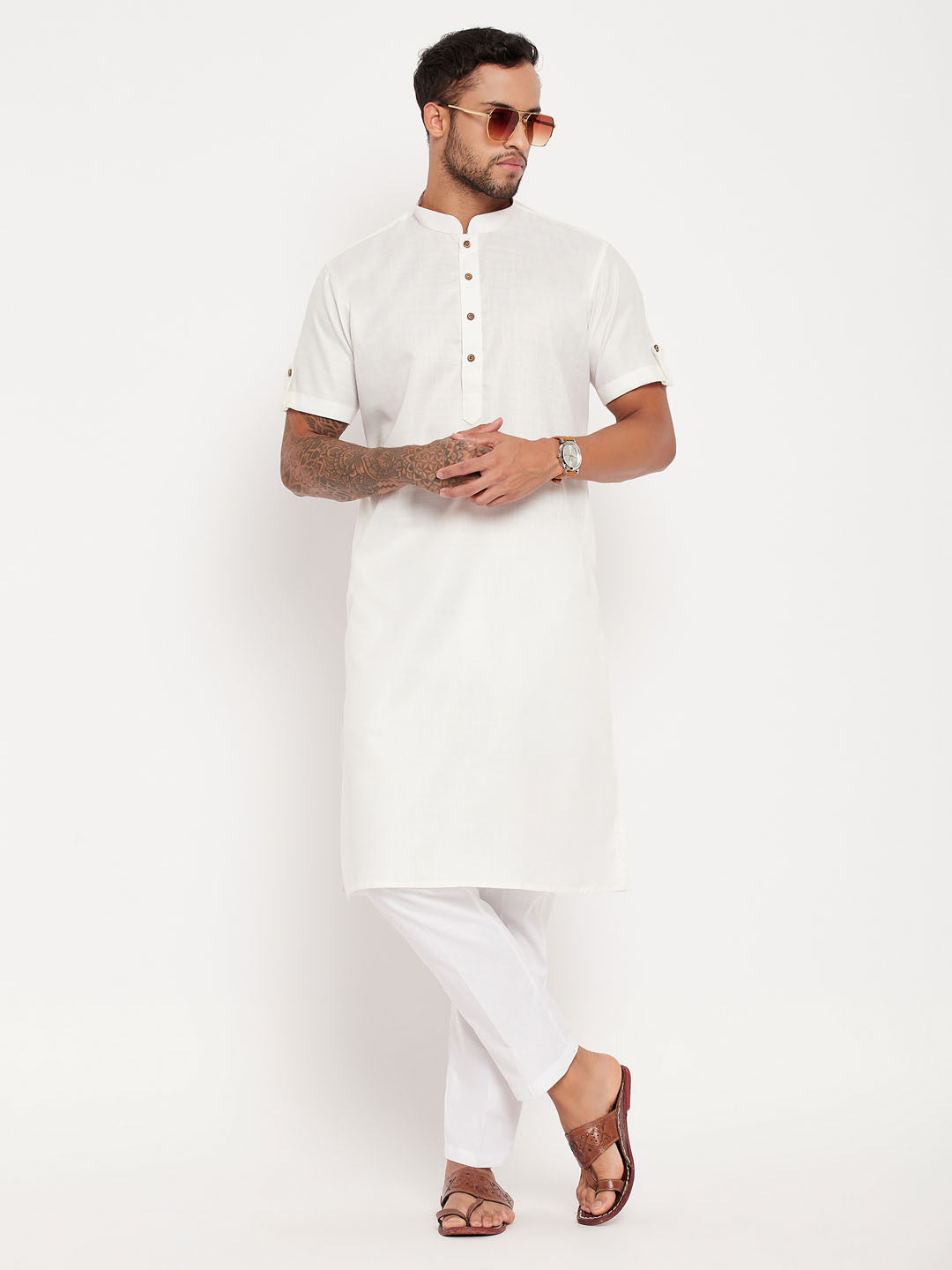 Men's Cream Cotton Straight Kurta Pyjama Set