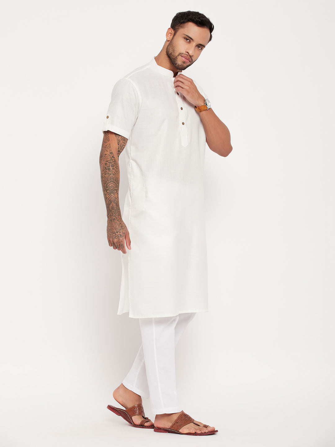Men's Cream Cotton Straight Kurta Pyjama Set