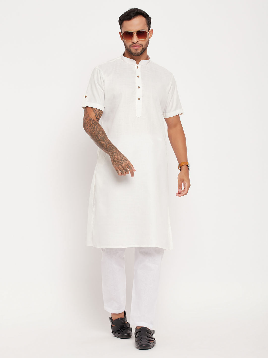 Men's Cream Cotton Straight Kurta Pyjama Set