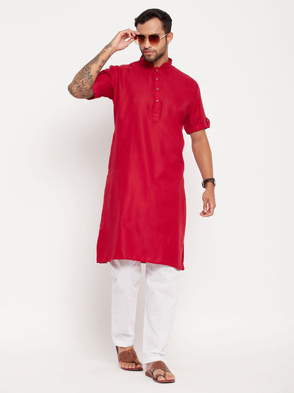 Men's Maroon Cotton Straight Kurta Pyjama Set