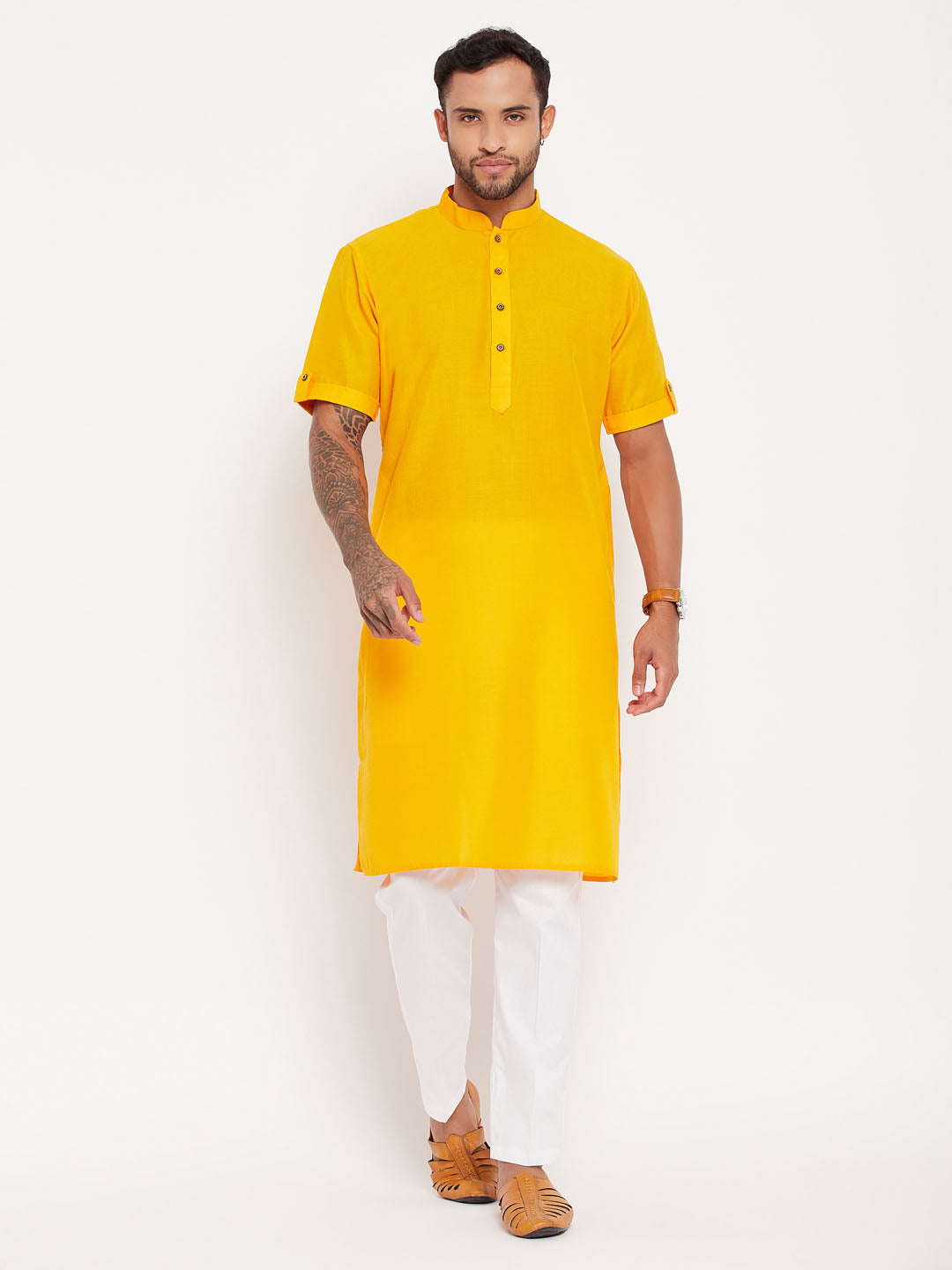 Men's Mustard Cotton Straight Kurta Pyjama Set
