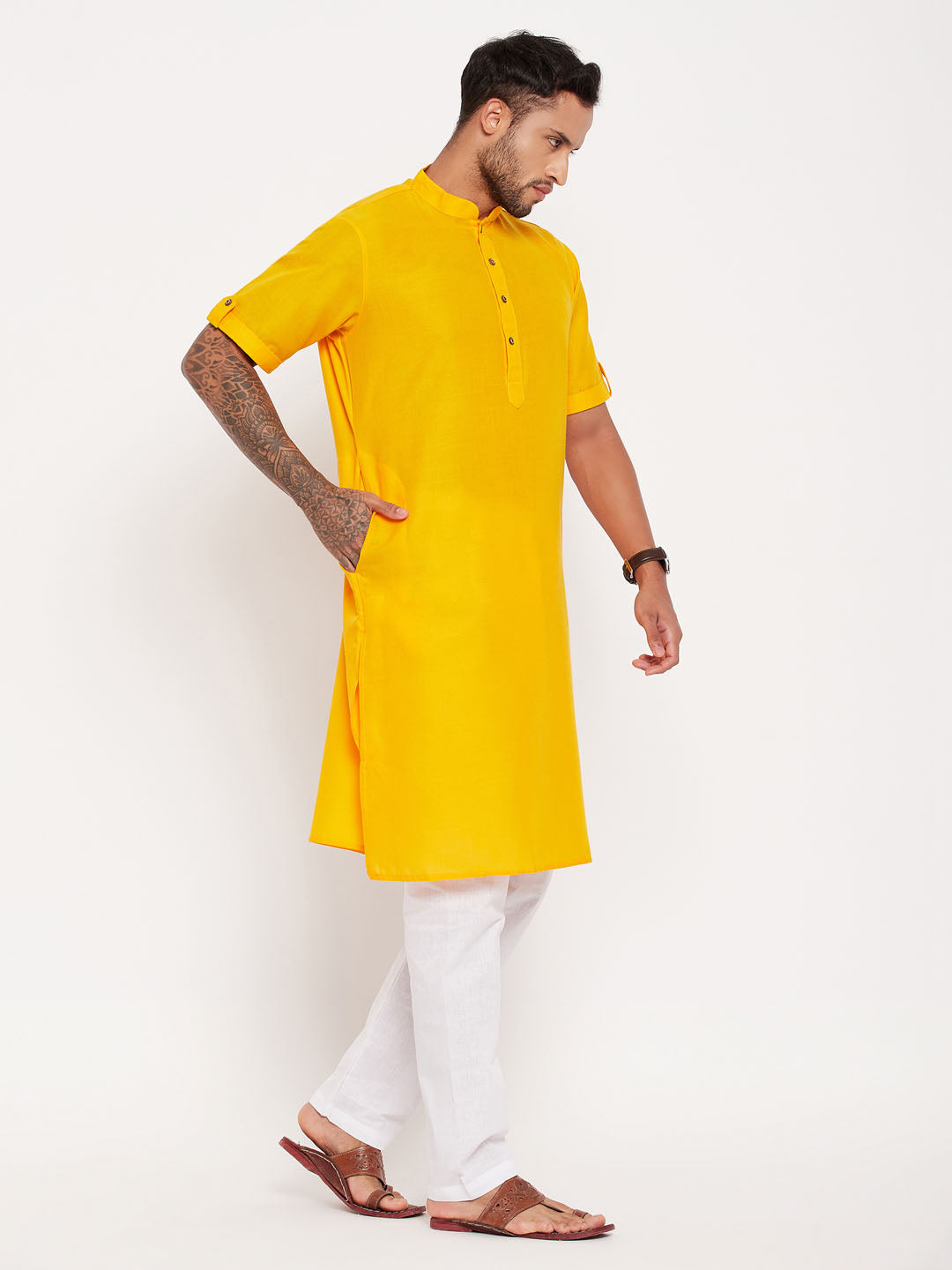 Men's Mustard Cotton Straight Kurta Pyjama Set