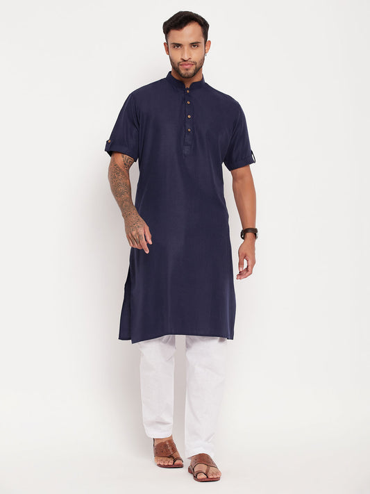 Men's Navy Blue Cotton Straight Kurta Pyjama Set