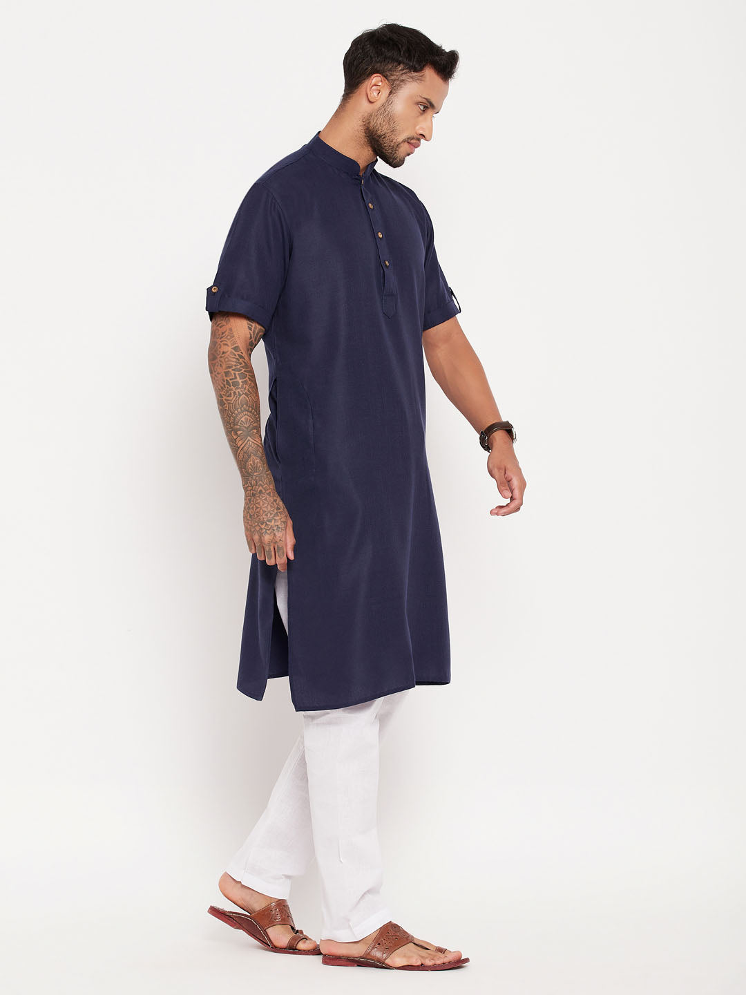 Men's Navy Blue Cotton Straight Kurta Pyjama Set