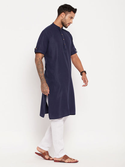 Men's Navy Blue Cotton Straight Kurta Pyjama Set