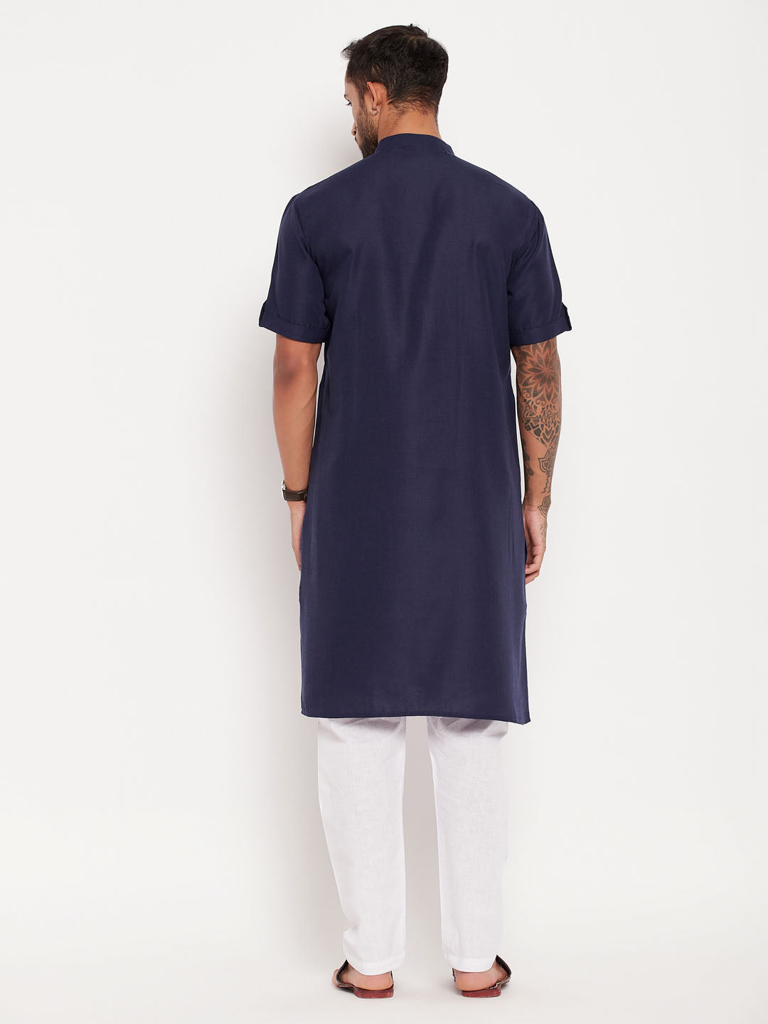 Men's Navy Blue Cotton Straight Kurta Pyjama Set