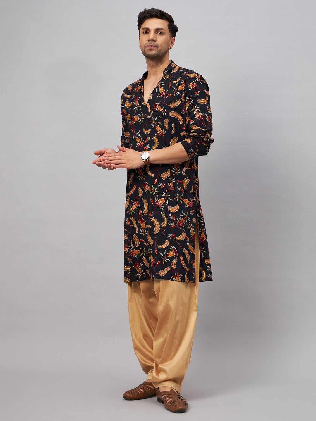 Men's Black Rayon Straight Kurta and Patiala Set