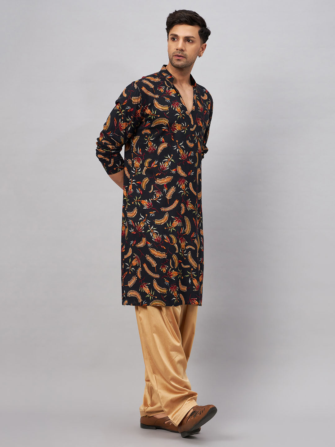 Men's Black Rayon Straight Kurta and Patiala Set