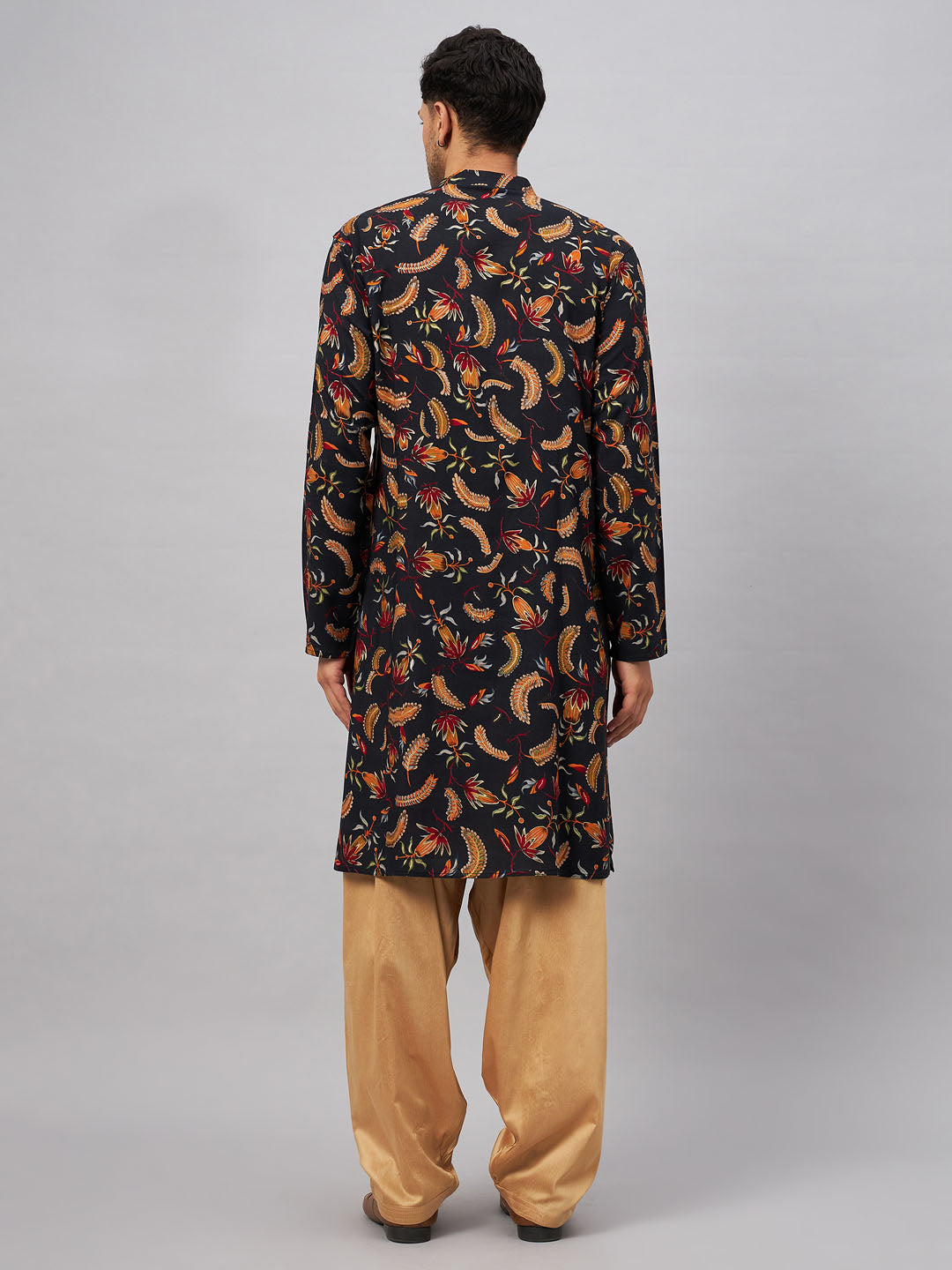 Men's Black Rayon Straight Kurta and Patiala Set