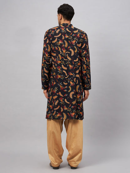 Men's Black Rayon Straight Kurta and Patiala Set