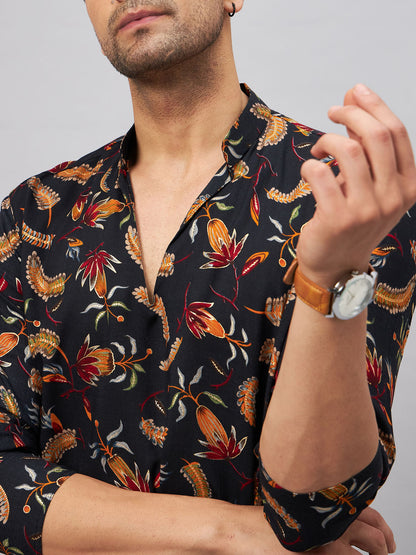 Men's Black Rayon Straight Kurta and Patiala Set