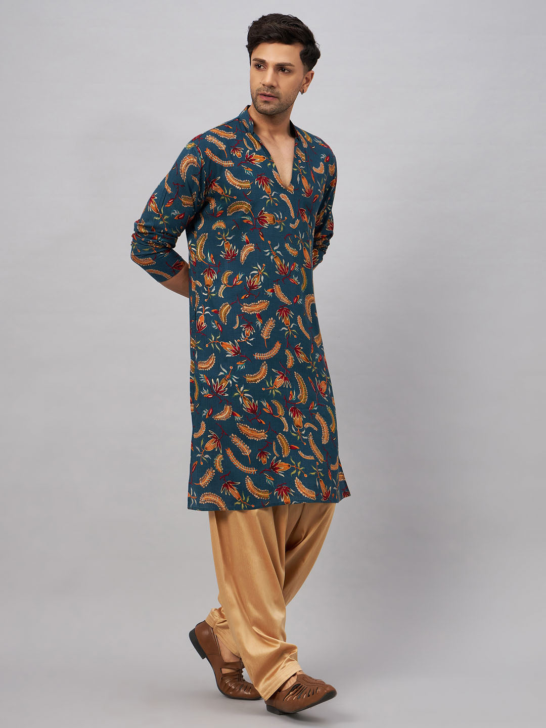 Men's Blue Rayon Straight Kurta and Patiala Set