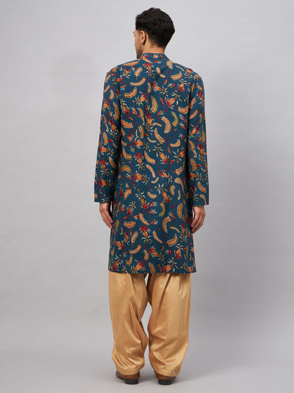 Men's Blue Rayon Straight Kurta and Patiala Set