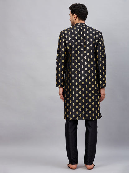 Men's Black Silk Blend Straight Kurta Pyjama Set