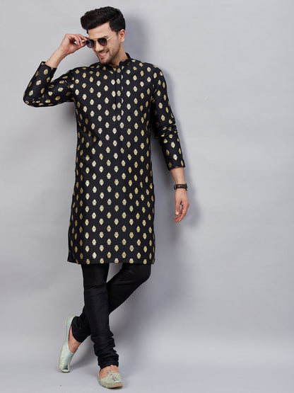 Men's Black Dupion Silk Straight Kurta Pyjama Set