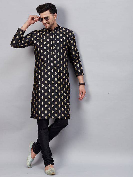 Men's Black Dupion Silk Straight Kurta Pyjama Set