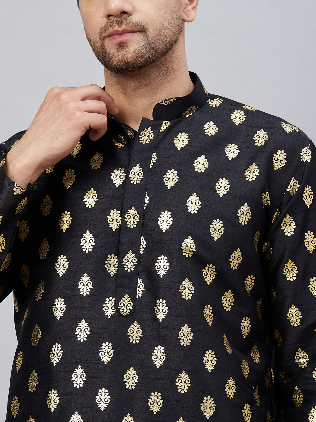 Men's Black Dupion Silk Straight Kurta Pyjama Set