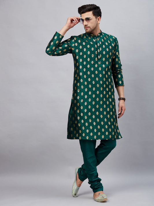 Men's Green Dupion Silk Straight Kurta Pyjama Set