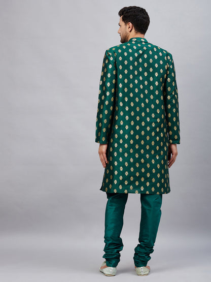 Men's Green Dupion Silk Straight Kurta Pyjama Set
