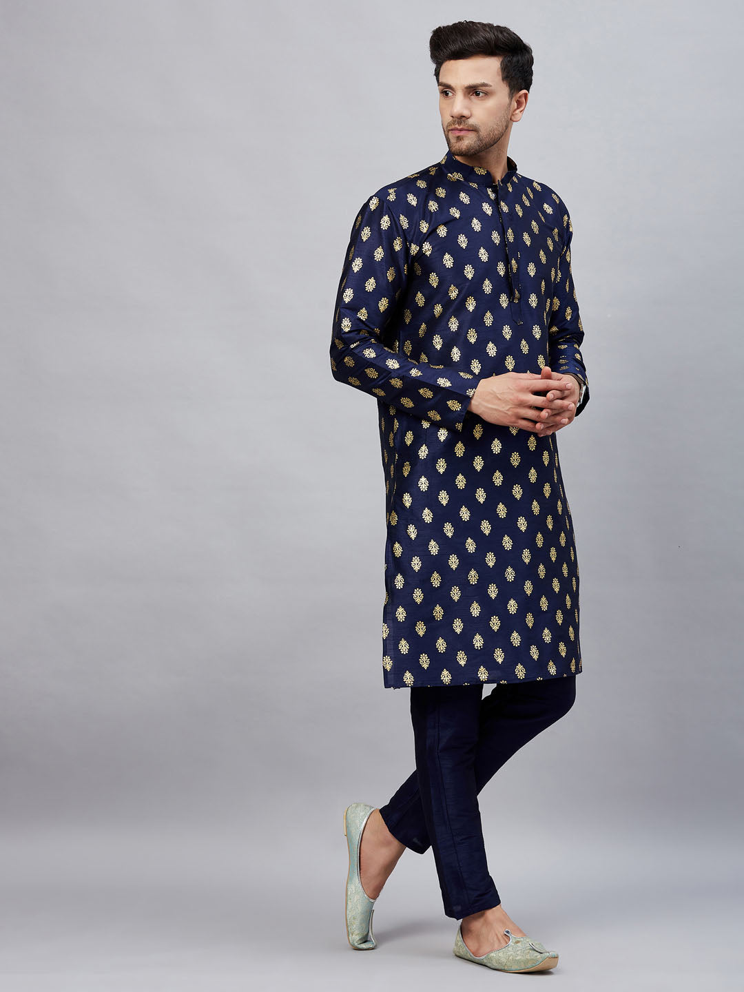 Men's Navy blue Silk Blend Straight Kurta Pyjama Set