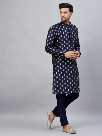 Men's Navy blue Silk Blend Straight Kurta Pyjama Set
