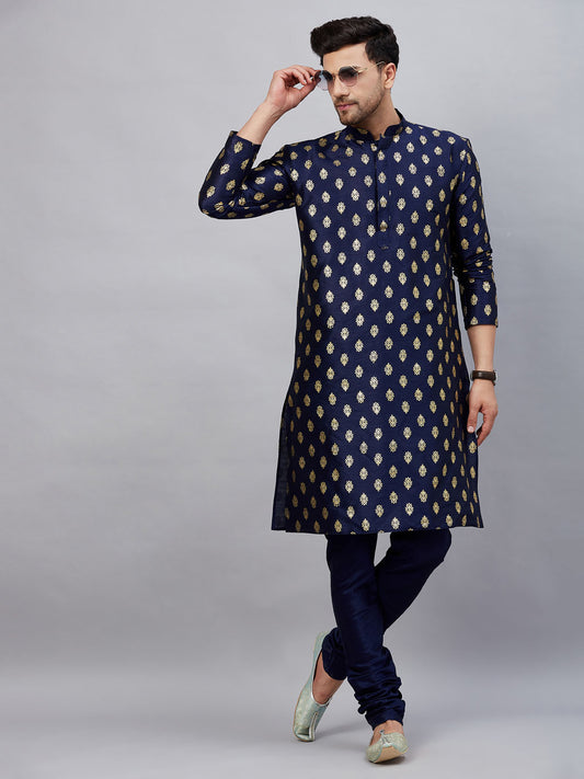 Men's Navy Blue Dupion Silk Straight Kurta Pyjama Set