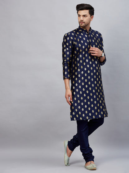 Men's Navy Blue Dupion Silk Straight Kurta Pyjama Set