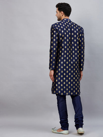 Men's Navy Blue Dupion Silk Straight Kurta Pyjama Set