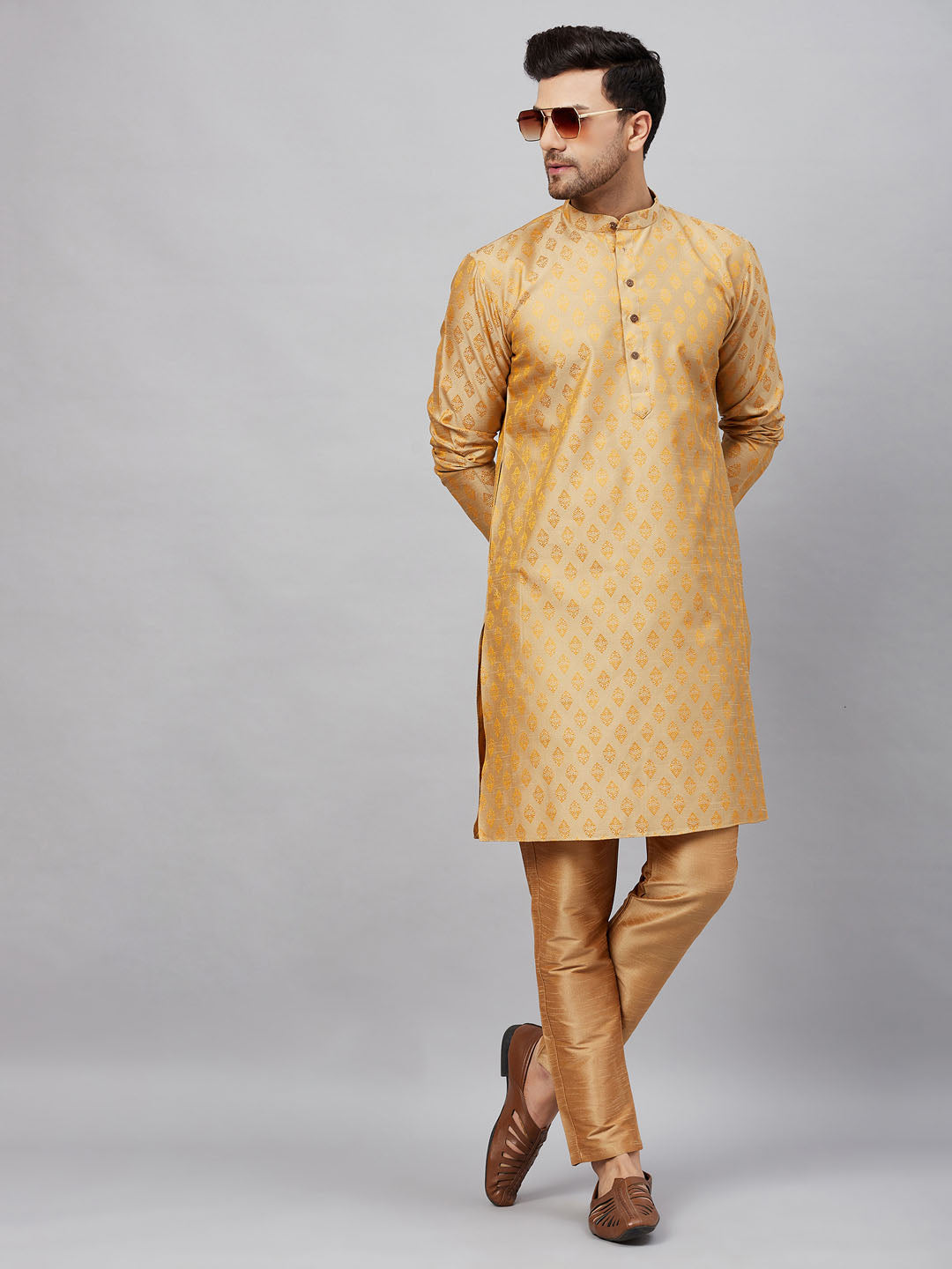 Men's Beige Silk Blend Straight Kurta Pyjama Set