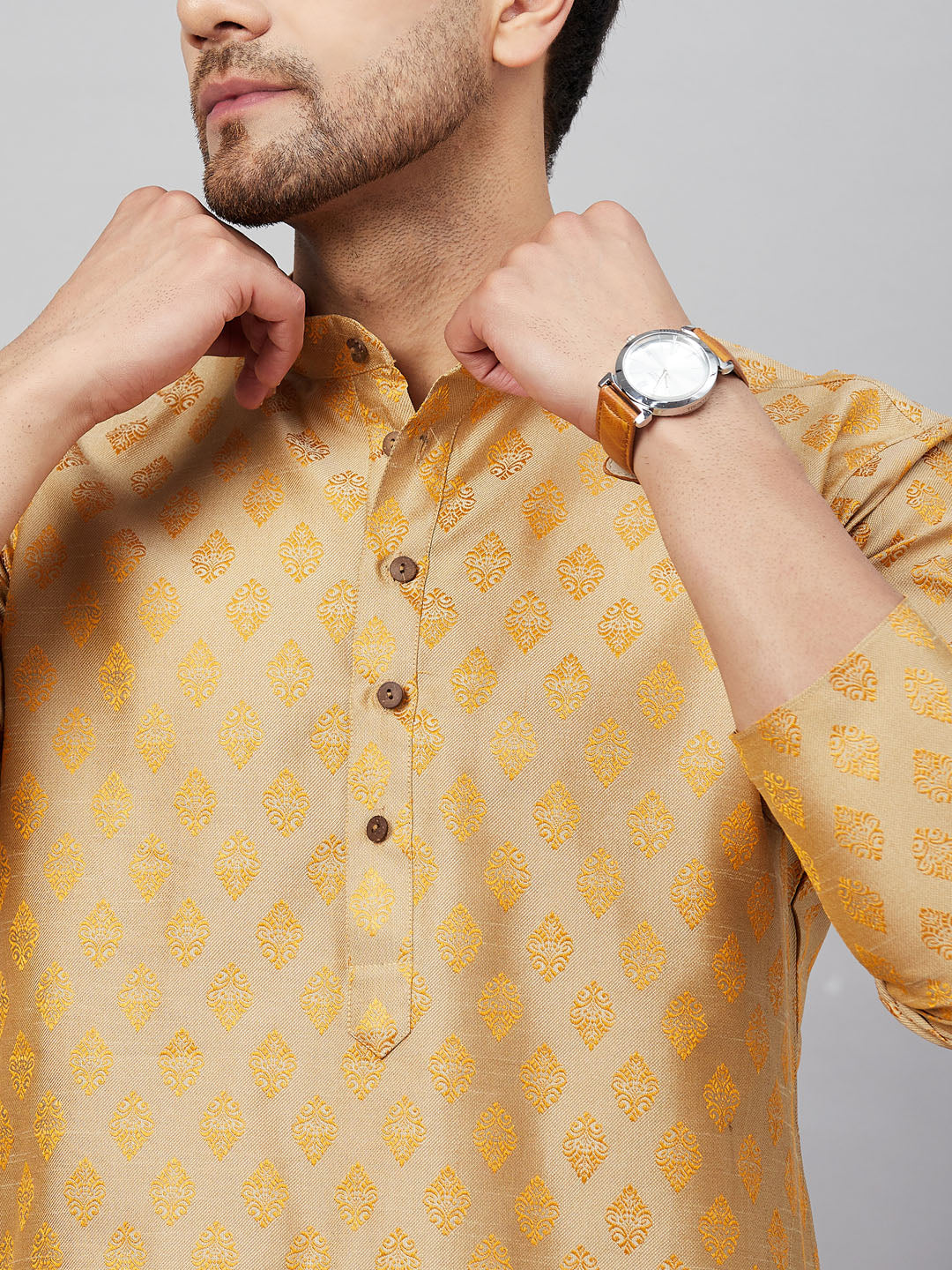 Men's Beige Silk Blend Straight Kurta Pyjama Set