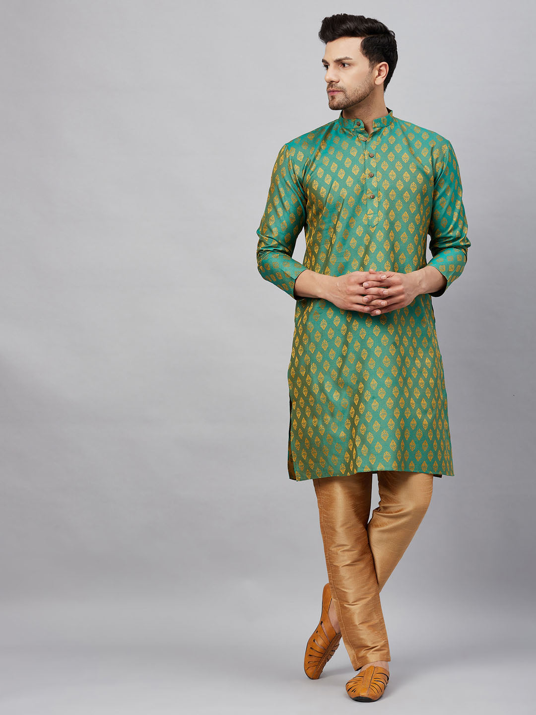 Men's Green Silk Blend Straight Kurta Pyjama Set