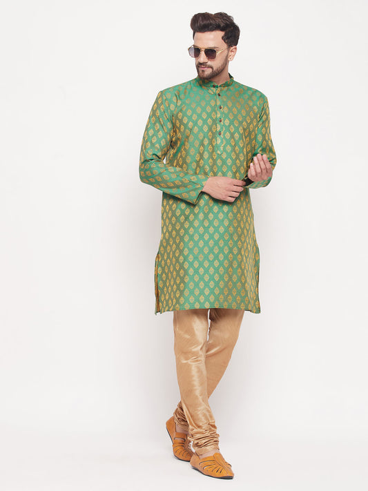 Men's Green Silk Blend Straight Kurta Pyjama Set