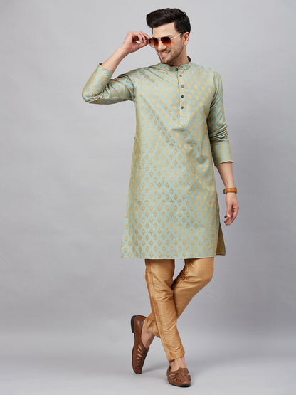 Men's Mint Green Silk Blend Straight Kurta Pyjama Set