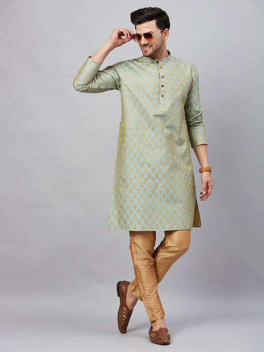Men's Mint Green Silk Blend Straight Kurta Pyjama Set