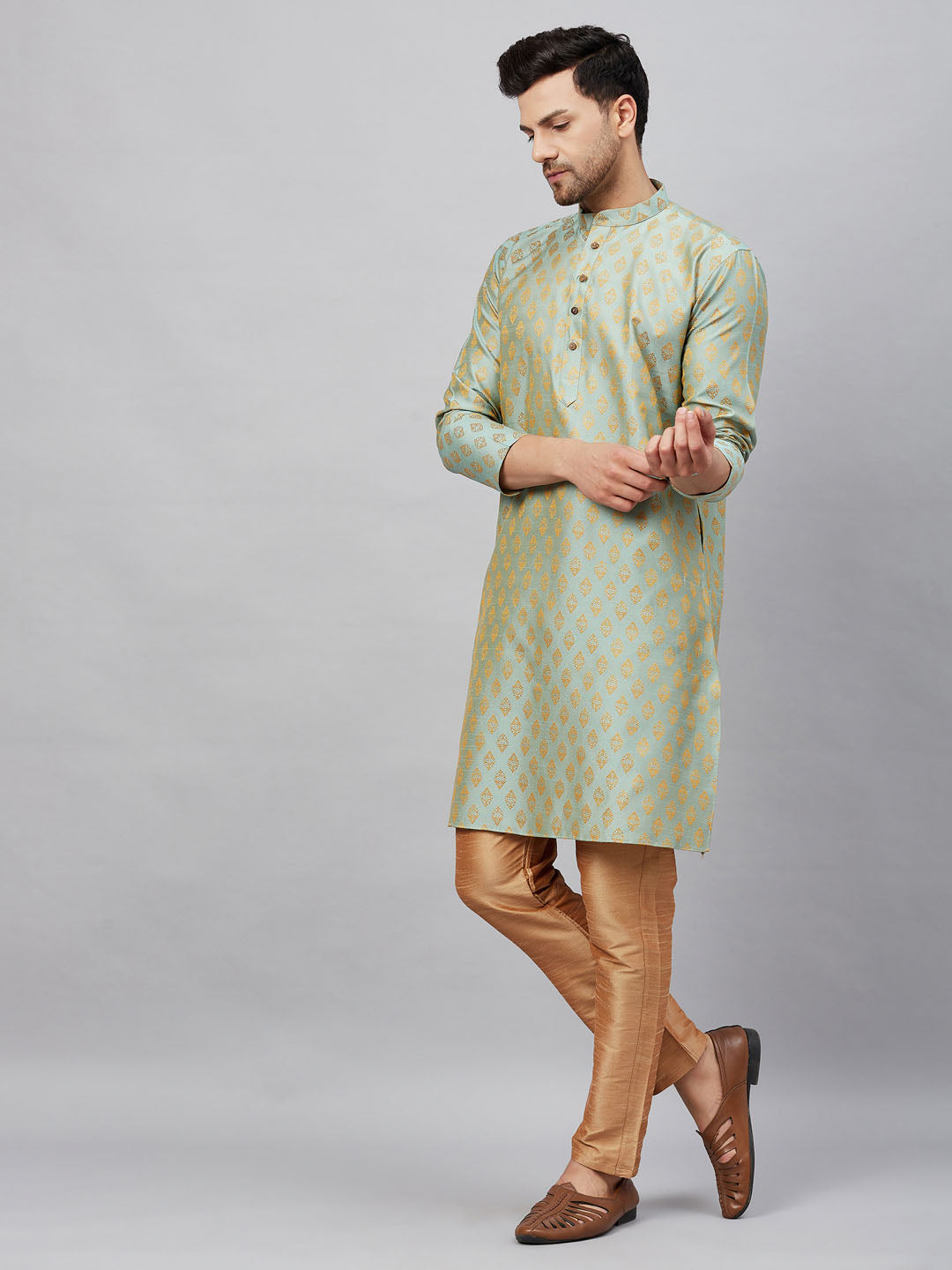 Men's Mint Green Silk Blend Straight Kurta Pyjama Set