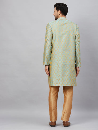 Men's Mint Green Silk Blend Straight Kurta Pyjama Set