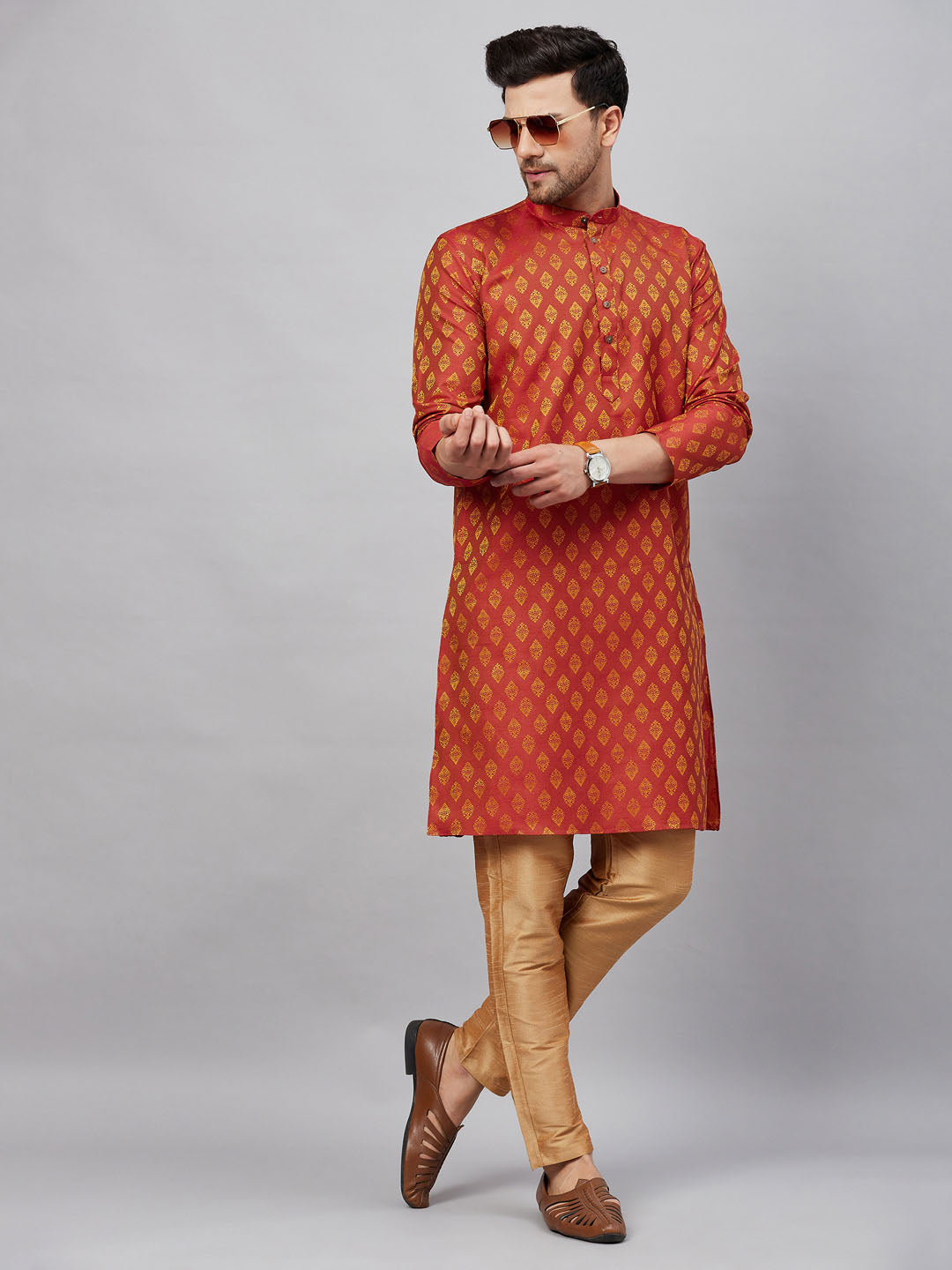 Men's Red Silk Blend Straight Kurta Pyjama Set