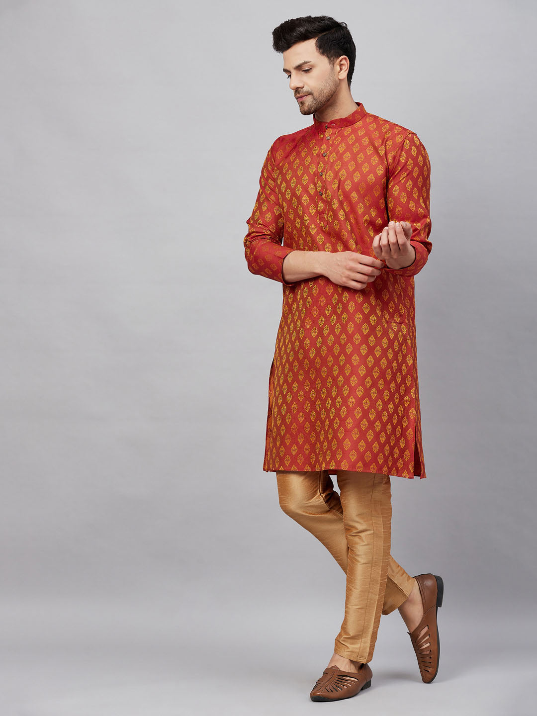 Men's Red Silk Blend Straight Kurta Pyjama Set