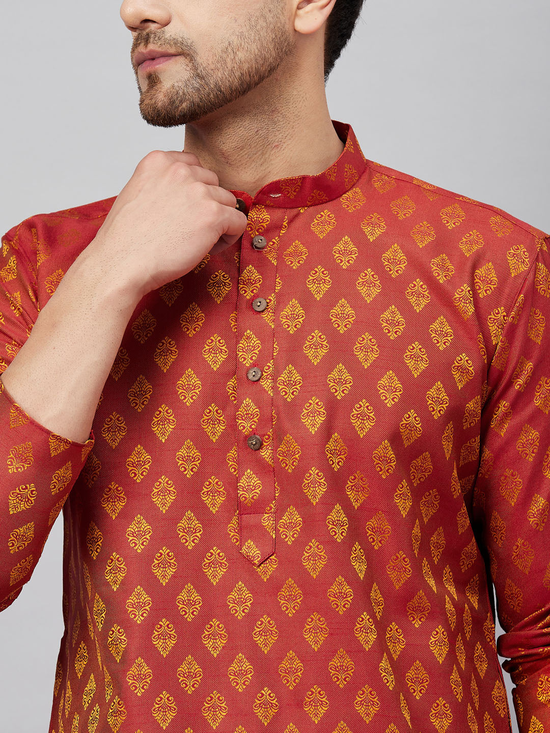 Men's Red Silk Blend Straight Kurta Pyjama Set