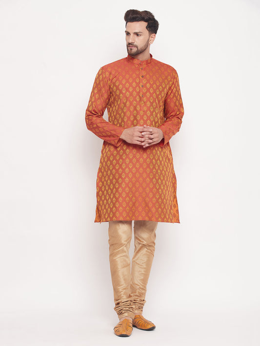 Men's Red Silk Blend Straight Kurta Pyjama Set
