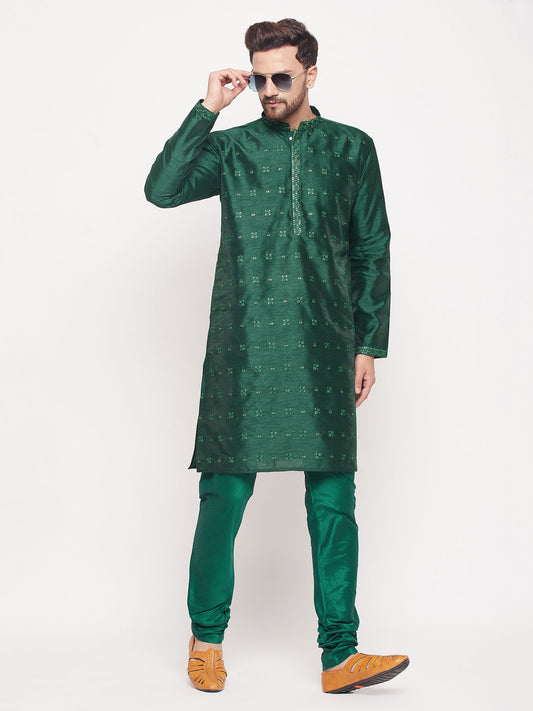 Men's Green Silk Blend Straight Kurta Pyjama Set